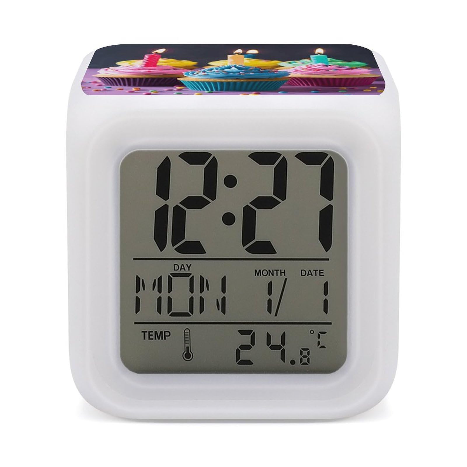 JTREHY Colorful Happy Birthday Cupcakes Alarm Clock Seven Color Night Light Digital Clock Precision Reliable Alarms Clocks for Bedroom Heavy Sleepers Adults Gift for Men and Women