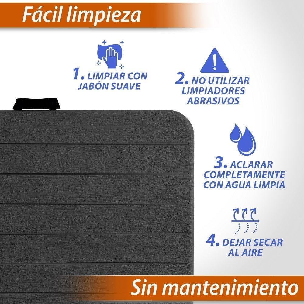 LOLAhome - Mesa Plegable maletín Gris Oscuro Efecto Madera de 180x74 cm, Resistente y fácil de Montar, con Estructura de Acero anticorrosión y HDPE. Ideal para Exterior, Catering, terraza y Eventos