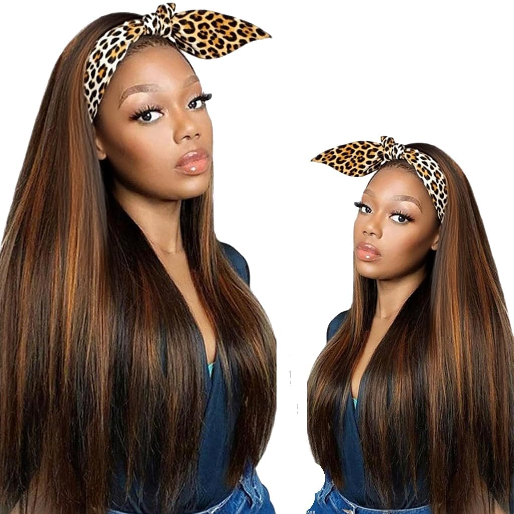 Yaki Straight Headband Wigs for Black Women, Wear And Go Glueless Half Wig Synthetic Soft Highlight Light Kinky Staight wth Headband Attached 4P27 Mix Brown Wig 20 Inch