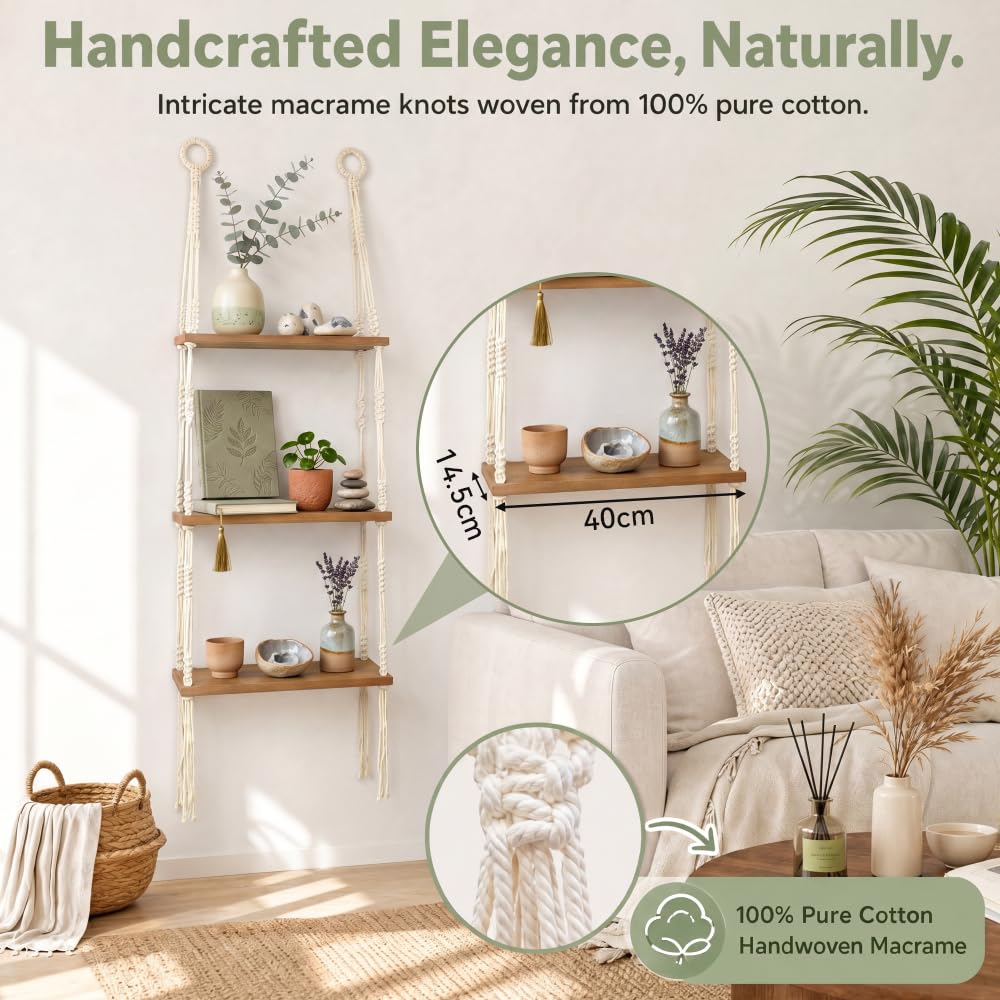 Mensole da Muro Legno, 3 Livello Scaffali di Corda in Legno con 2 Ganci Mensola Sospesa con Corda in Stile Boho Scaffale da Appendere da Parete Decor e Archiviazione per Soggiorno, Bagno
