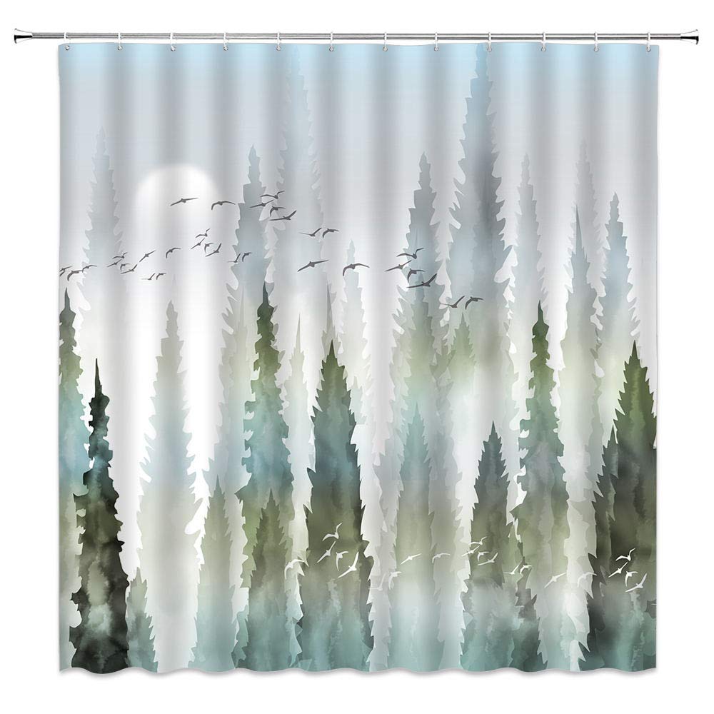 QYVLHD Misty Forest Shower Curtain Watercolor Abstract Pine Tree Birds Lush Jungle, Winter Montain Sunrise Nature Scene Woodland Ink Art Bathroom Curtain Polyester Fabric with Hooks,70x70 Inch