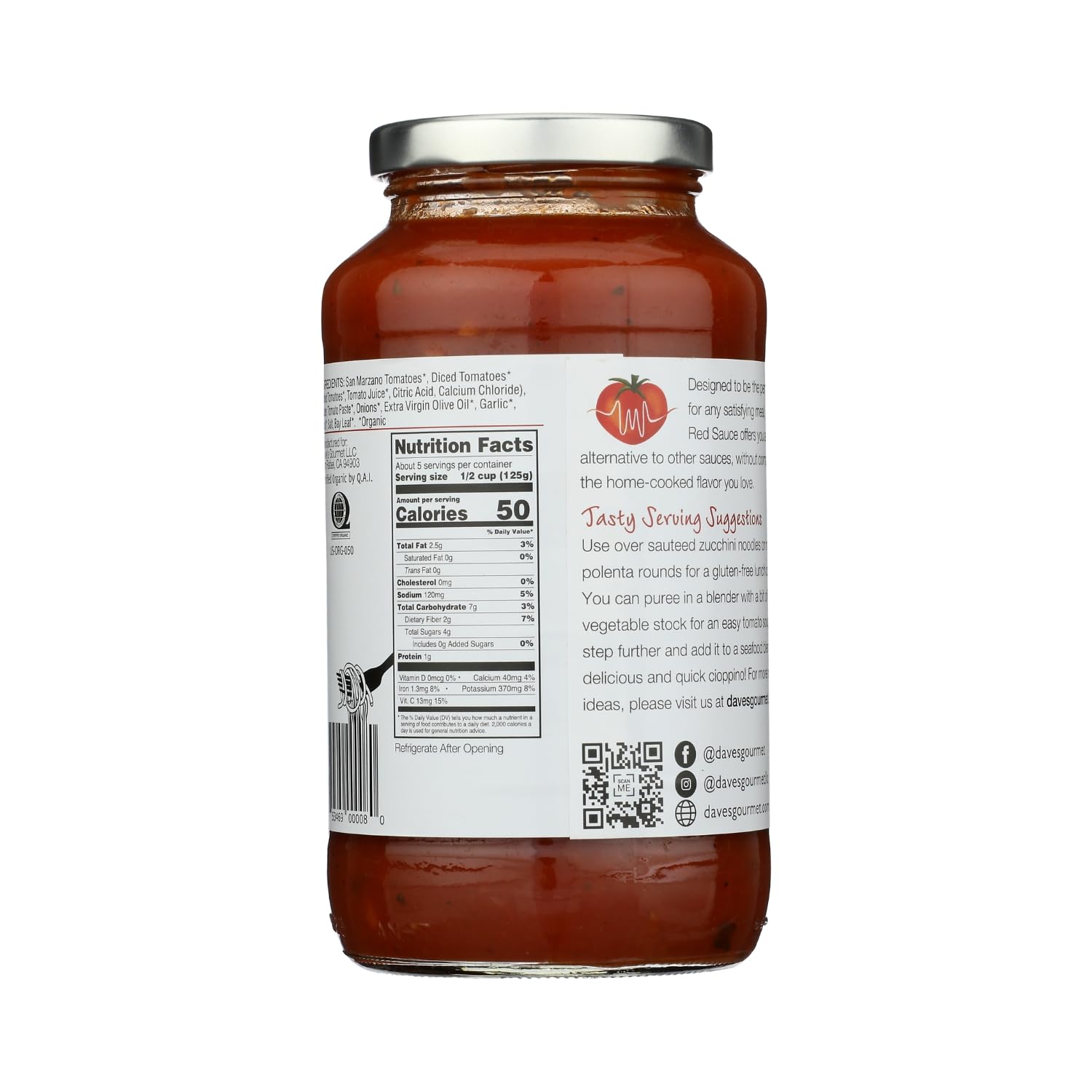 Dave's Gourmet Organic Simply Red Sauce - Non GMO, Vegan, Gluten Free Tomato Sauce
