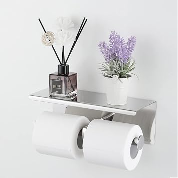 Brushed Nickel Toilet Paper Holder with Shelf Heavy Duty 304 Stainless Steel Wall Mount Double Roll Holder, Fits Mega Rolls & Holds Phone Rustproof Bathroom Organizer
