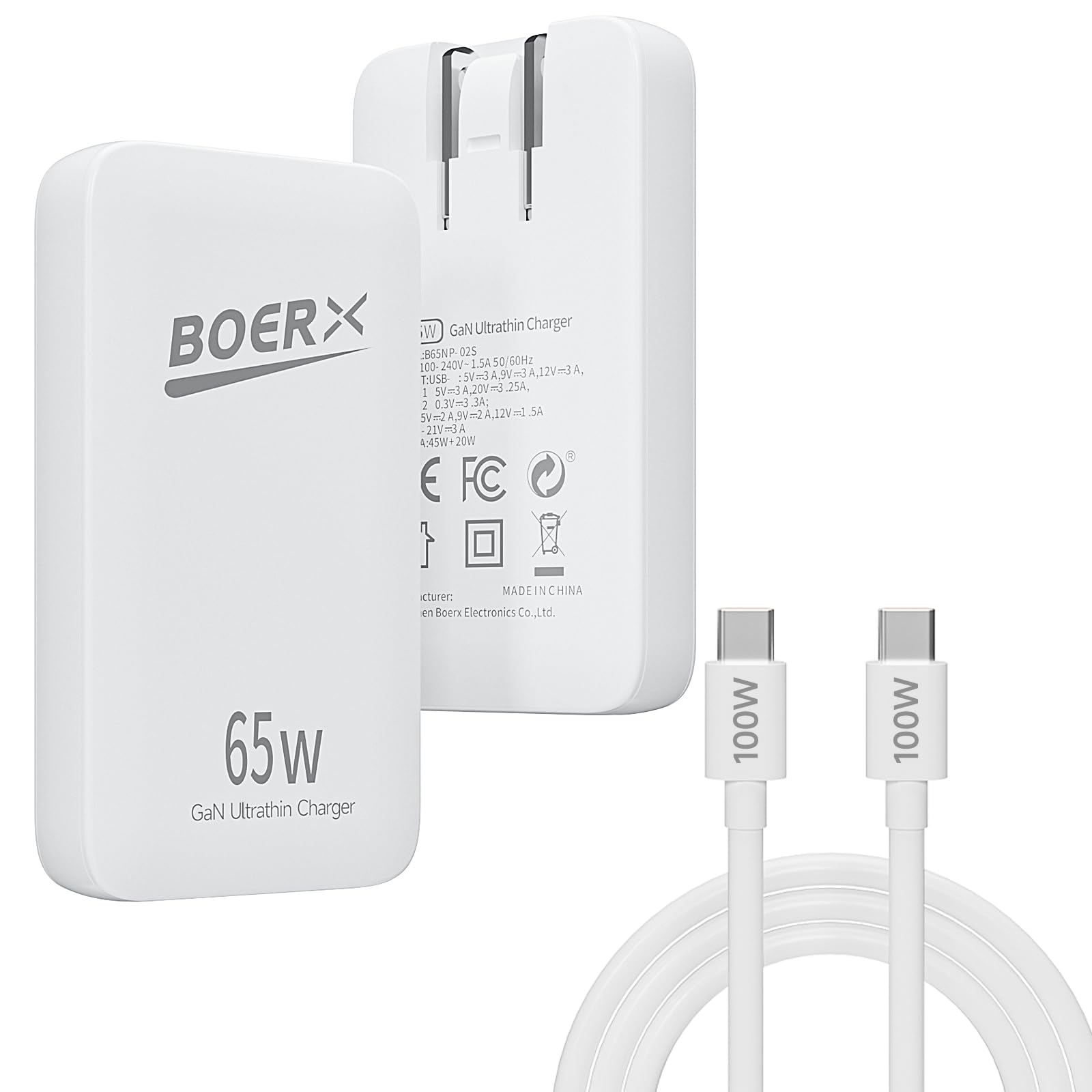 Compact 65W Gallium Nitride USB C Charger - Ultra-Thin USB Charger Dual-Port USB & Type-C Fast Charger Flodable Plug Wall Charger Compatible with