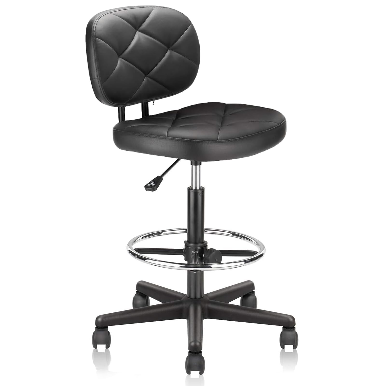 KLASIKA PU Leather Rolling Bar Stool with Wheels and Back, Tall Drafting Stool with Adjustable Height and Footrest, Multi-Purpose Office Desk Chair for Home Kitchen Shop Work, Black (1PK)