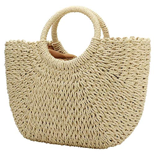 Sac à main en paille femme beige - Grand sac de plage et cabas de voyage souple et décontracté