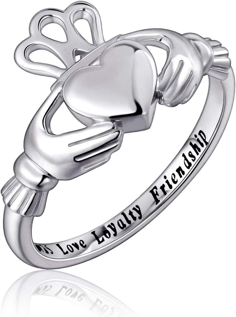 Flyow Fashion Jewelry 925 Sterling Silver Claddagh Ring Engraved Love Loyalty Friendship