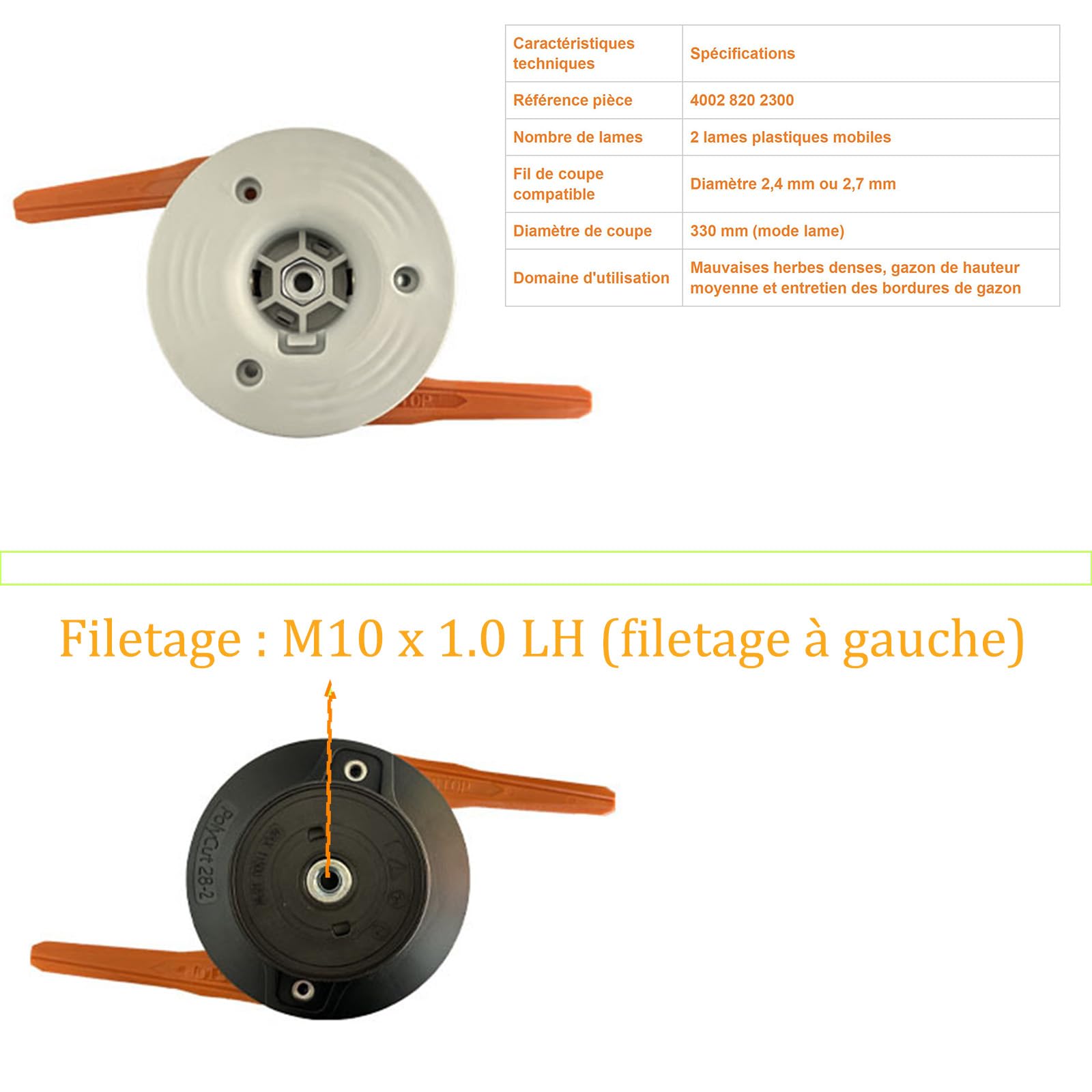 Cabezal de corte compatible con Stihl PolyCut 28-2 de repuesto premium para desbrozadora, 2 cuchillas de plástico, rosca a la izquierda, M10 x 1,0