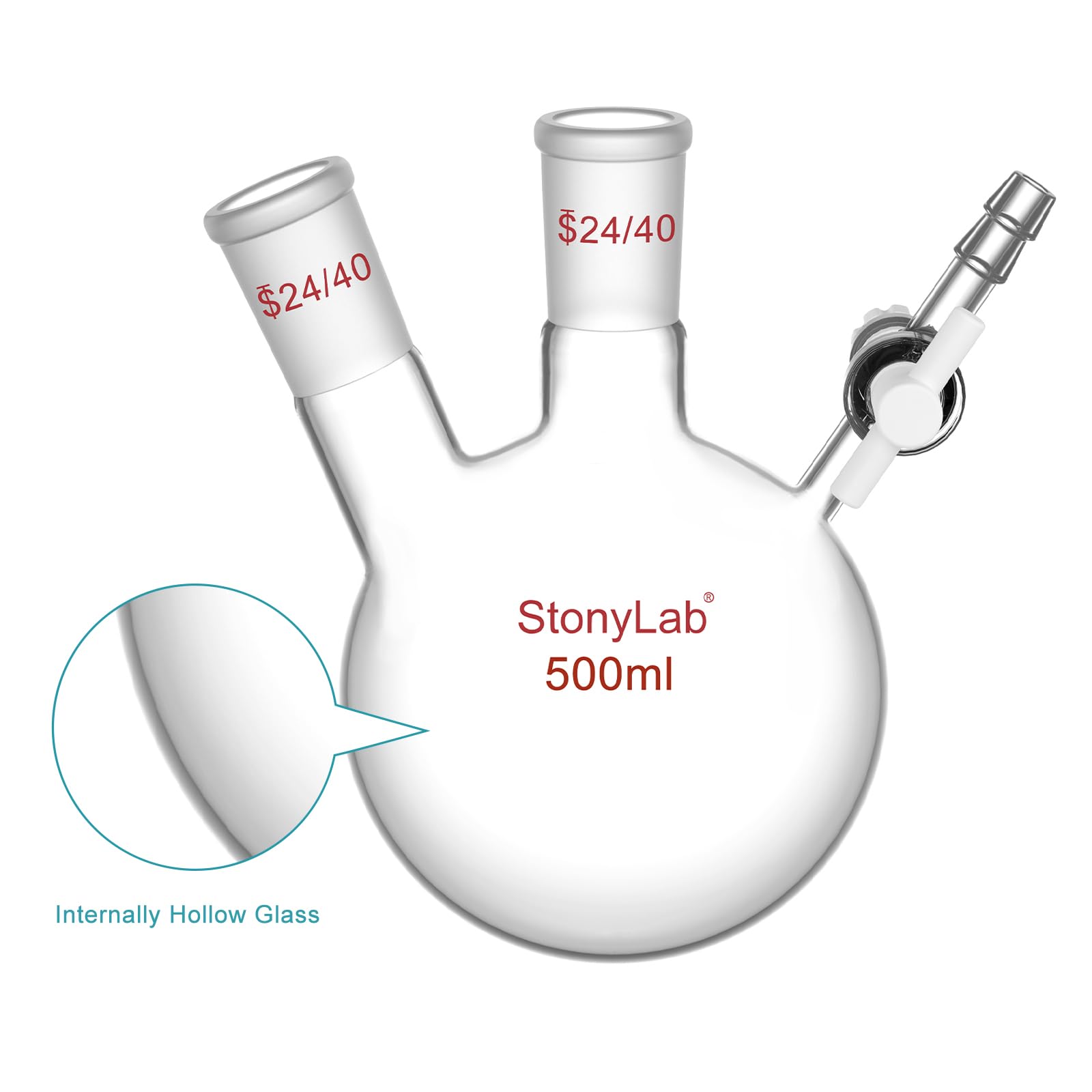 stonylab Fiole de Réaction à 2 Cols, Récipient à Fond Rond avec Robinet à Boisseau PTFE et Joints 24/40, pour Réactions de Laboratoire (500 mL Capacité)