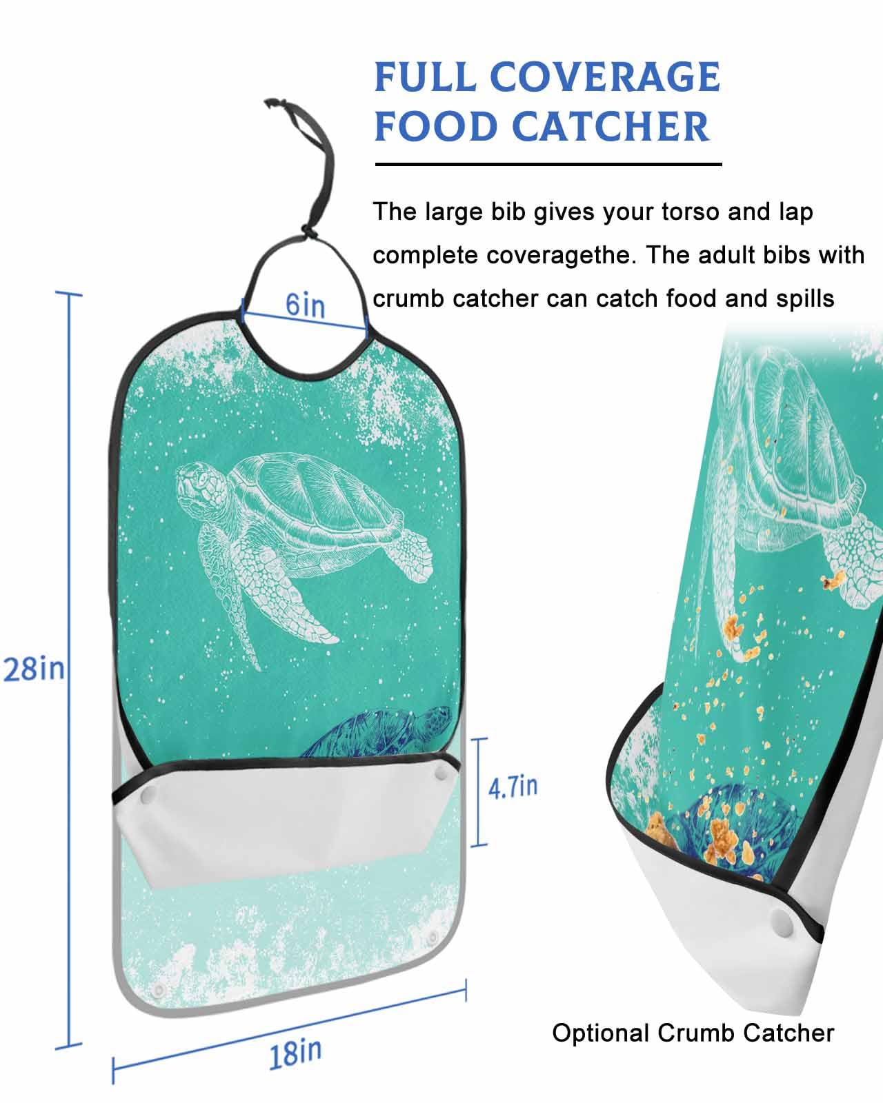 LEOKOTI Sea Turtle Adult Bibs for Eating, Waterproof Bibs with Food Catcher & Adjustable Snap Closure, Teal Coastal Nautical Summer Beach Washable Clothing Protectors Adult Bibs for Elderly Women/Men