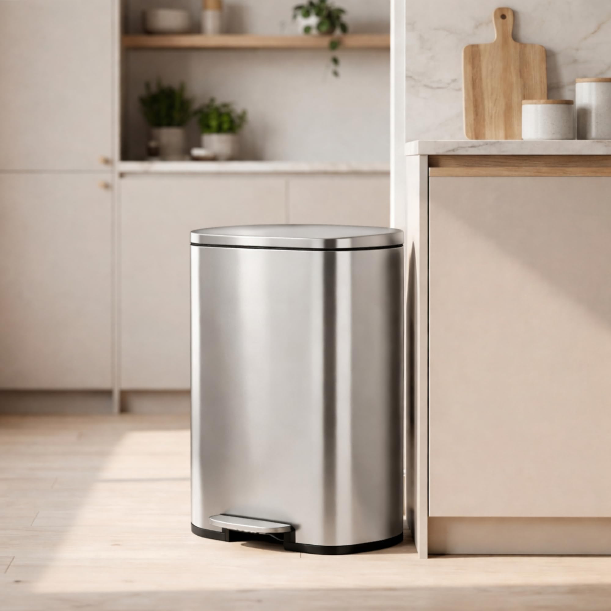 Bayt Mülleimer 50L Treteimer, Abfalleimer Edelstahl mit Deckel & Soft-Close, Rechteckiger Küchenmülleimer mit Inneneimer, Fingerprintproof Müllbehälter, Silber
