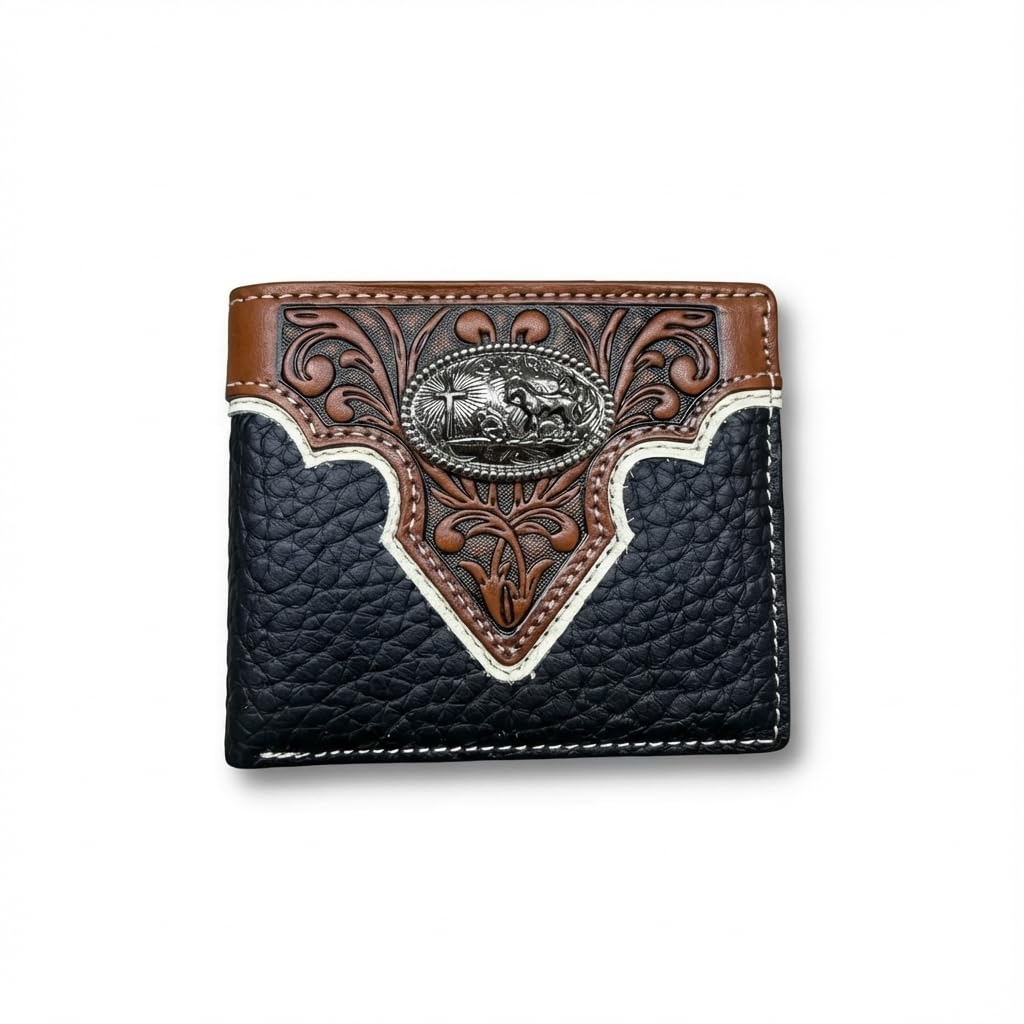 Western Stakes Men’s Short Leather Wallet – Tooled Top Inlay with Cowboy Praying at Cross Concho – Christian Western Bifold Wallet for Ranchers,