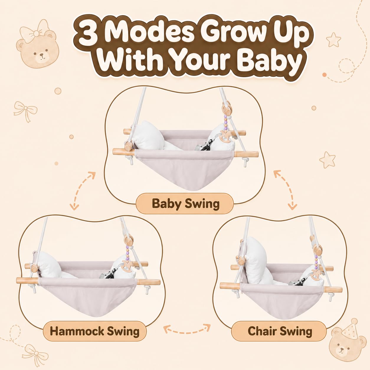 Altalena per Bambini da Interno ed Esterno 3 in 1, Altalena Sospesa in Legno con Cintura di Sicurezza e Cuscino in Cotone, Altalena sospesa e seggiolino, Sedia a Sdraio per Bambini, 6-36 Mesi