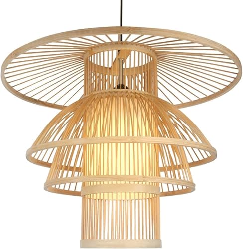 LYMSXAZOU Beige Lamp Shade Natural Wicker Chandelier Handmade Cage Hollow Shape Pendant E27 Base - Rattan Basket Ceiling Lamps
