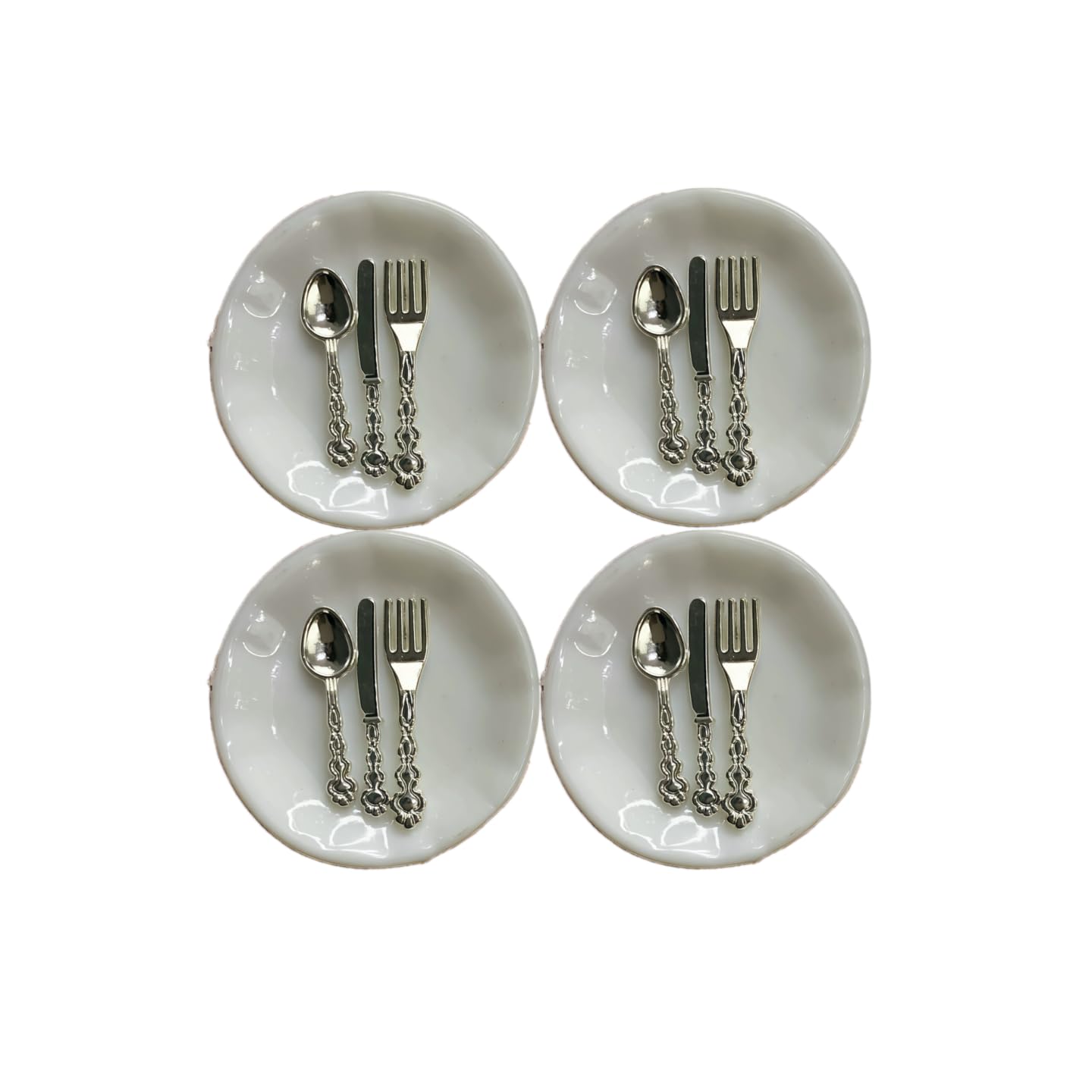 Inoe 1:12 Scale Miniature Dollhouse Plates and Metal Tableware Set, 4 Porcelain Plates with 12 Pieces Spoons Knives Forks Kitchen Accessories