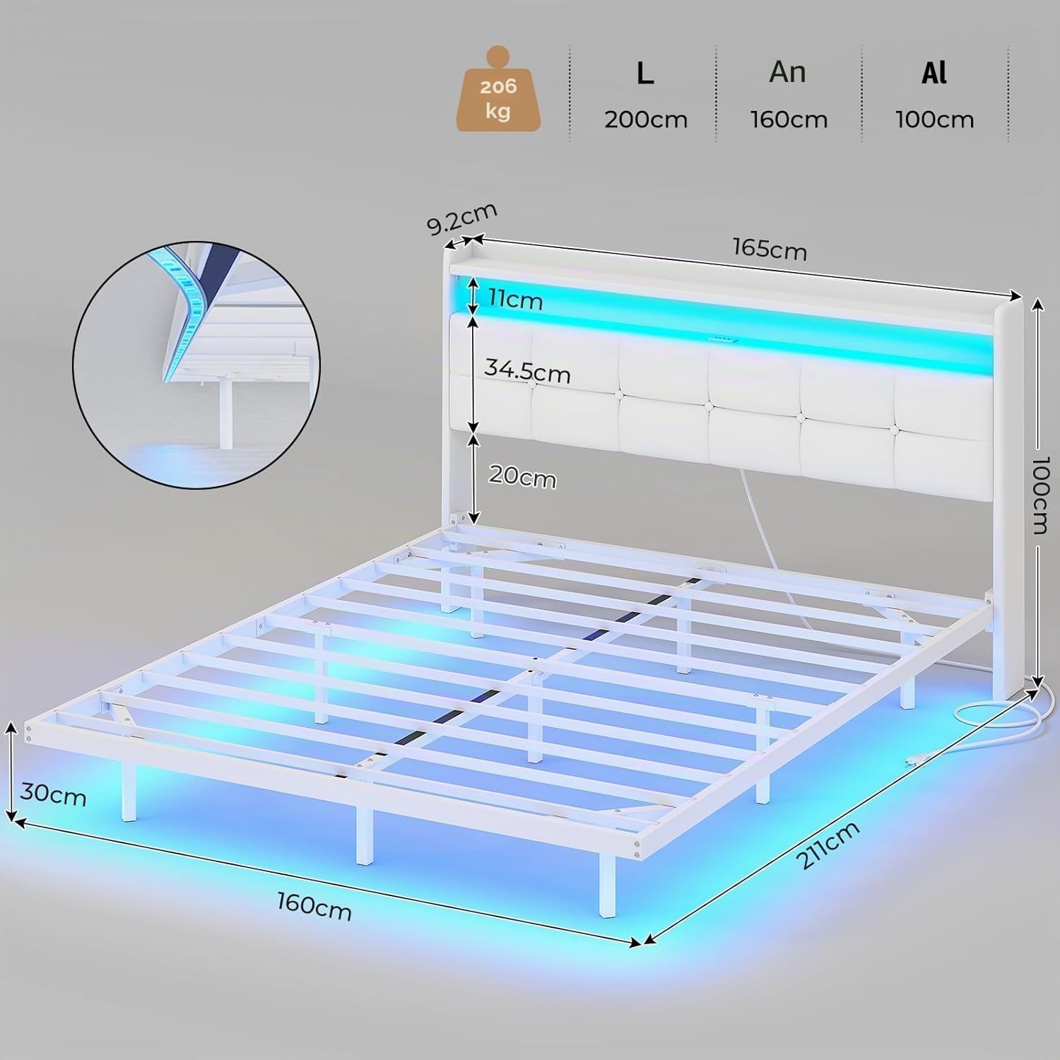 AOGLLATI Cama de matrimonio de 160 x 200 cm con efecto visual levitante, estructura de cama con LED y estación de carga, cama con cabecero acolchado y estructura de metal, sin colchón, color blanco