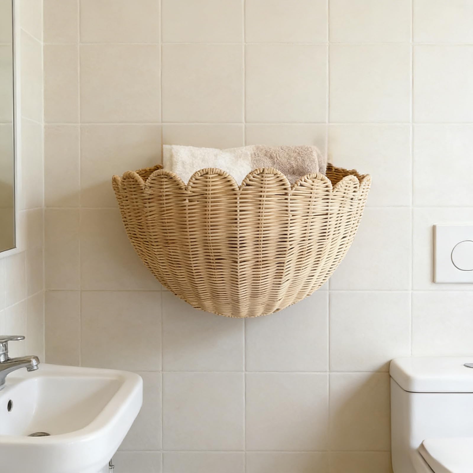 Cesta de mimbre para pared, almacenamiento festoneado rústico para frutas, verduras, plantas, artículos de tocador, decoración ideal para cocina, baño, sala de estar, guardería, 14 x 6 x 8 pulgadas