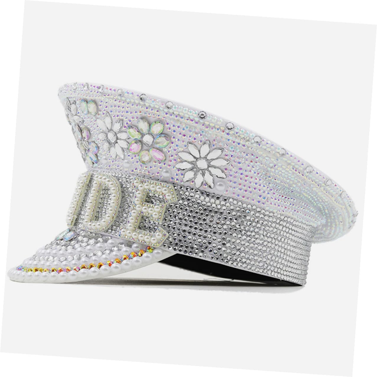 FOMIYES Sombrero de Capitán con Gemas de Imitación para Novia y Despedida de Soltera, Talla Única Ajustable, Accesorio para Bodas y Fiestas, Elegante Sombrero Plano para Fotografía
