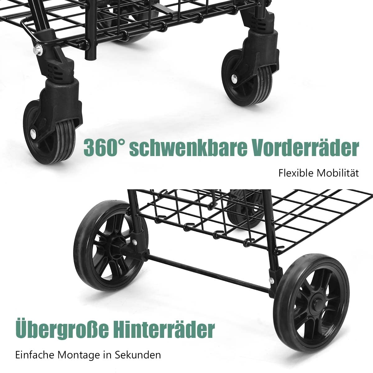 COSTWAY Klappbarer Einkaufstrolley, Einkaufswagen mit Universalrädern & Doppelkorb, 48L+10L, Tragbarer Handwagen mit Verstellbarer Griff, Rollwagen Allzweckwagen für Wäsche Einkaufen Gepäck (Schwarz)