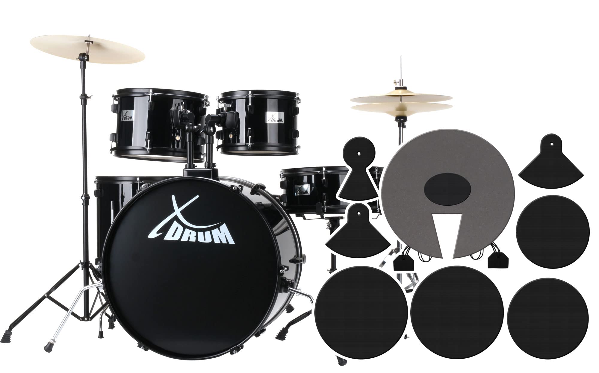 XDrum Rookie Batteria Fusion 22" Nera più Set Damping, 14" TT, 14" SD | Fusti in pioppo acusticamente pregiato con pellicola speciale, Hardware nera a 5 pezzi, doppio supporto, 14" TT, 14" SD