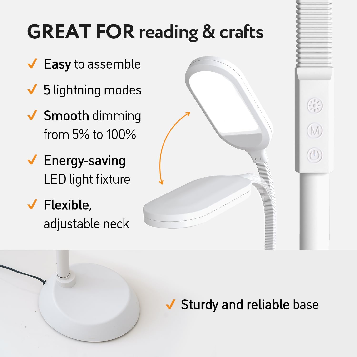 Natural Daylight LED Floor Lamp - 15W LED Craft Light Floor Standing for Reading, Crafting, Sewing - Full Spectrum Bright Sunlight - Adjustable Gooseneck - Task Lamps for Living Room, Bedroom, Office