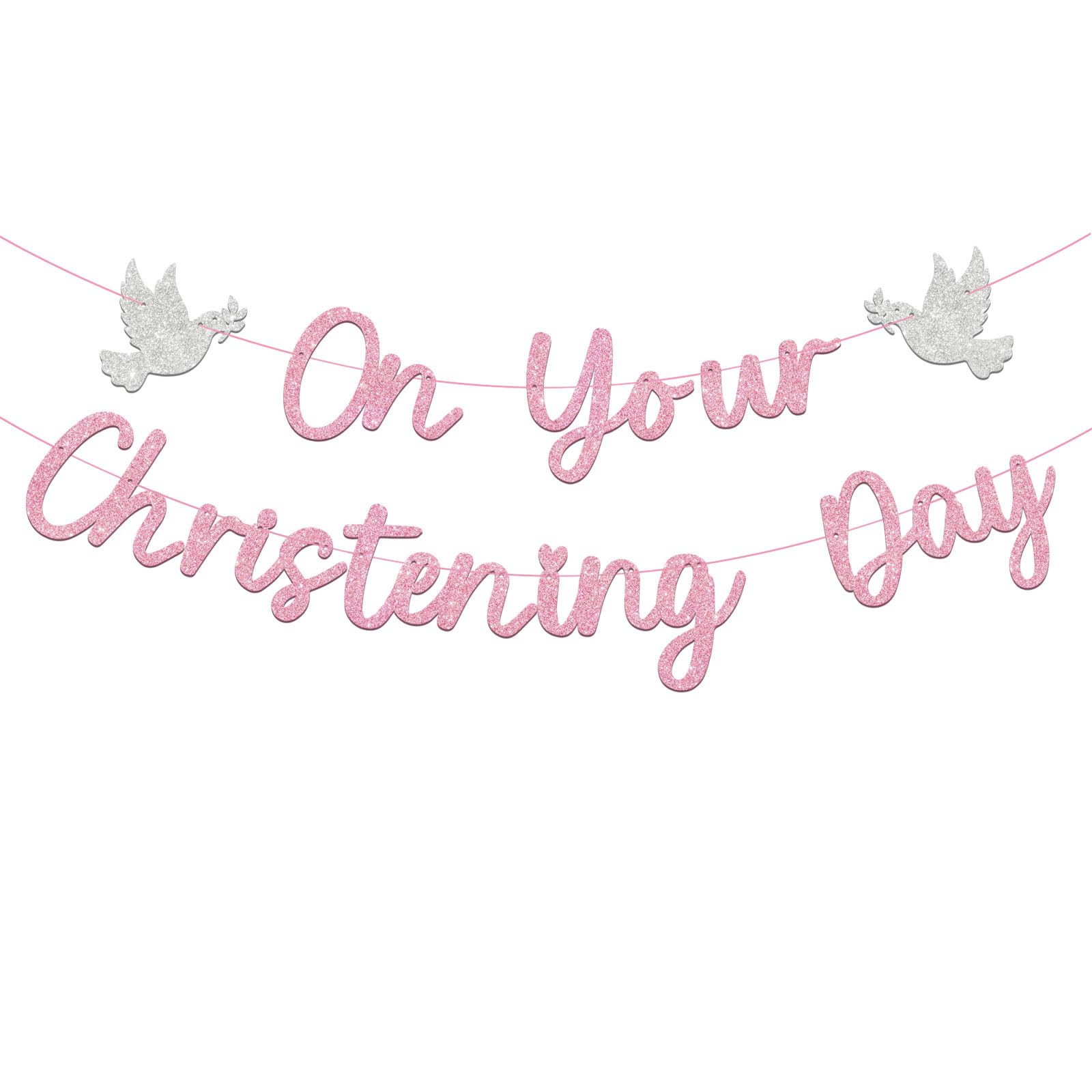 Pink Christening Banner Decorations for Girls Glittering on Your Christening Day DIY Baptism (Pink)