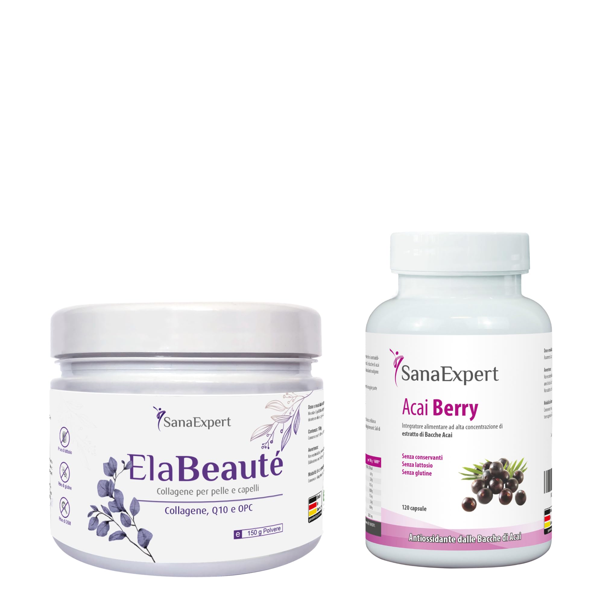 SanaExpert Beauty & Antiossidanti Bundle – ElaBeauté Collagene Verisol® 150g + Acai Berry 120 Capsule – Con Q10, Biotina e Estratto di Açaí – Prodotto in Germania
