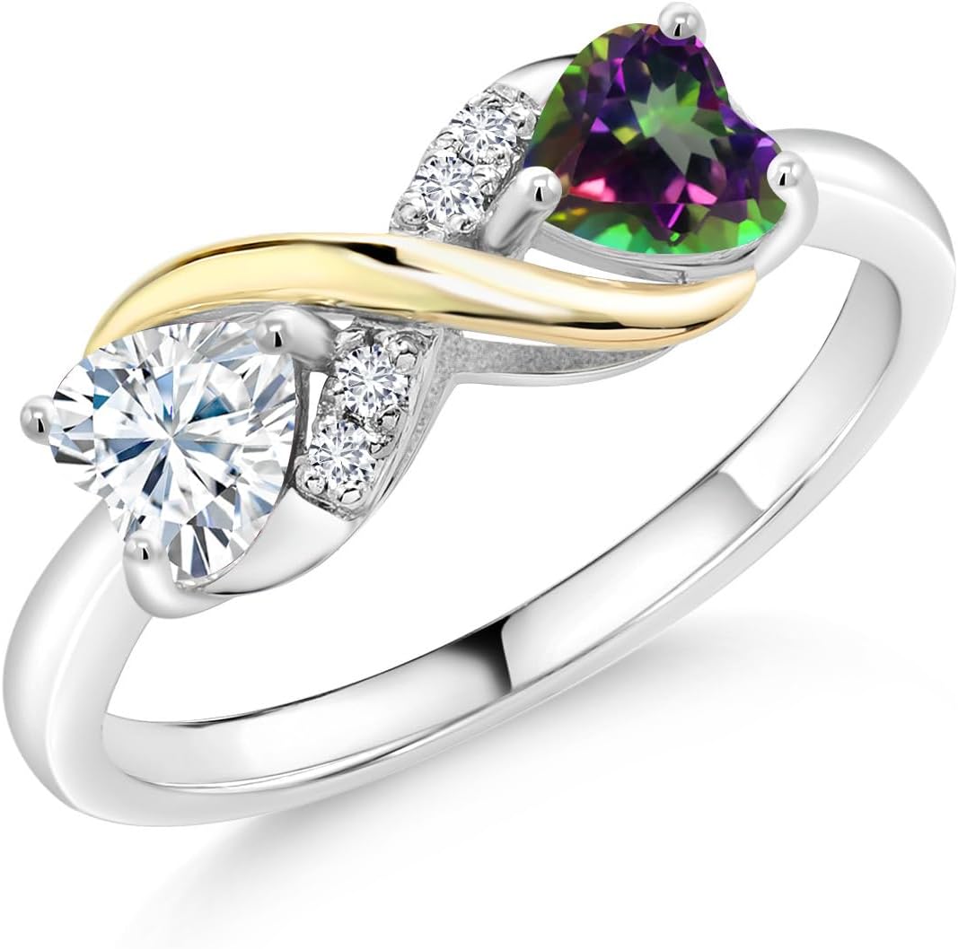 Moissanite and Gemstone Birthstone Eternal Love Infinity Ring for Women with Lab Grown Diamond Accent | 925 Silver 10K Yellow Gold | Heart 5MM & Round 1.3MM | Two-Tone Wedding Anniversary Promise Ring