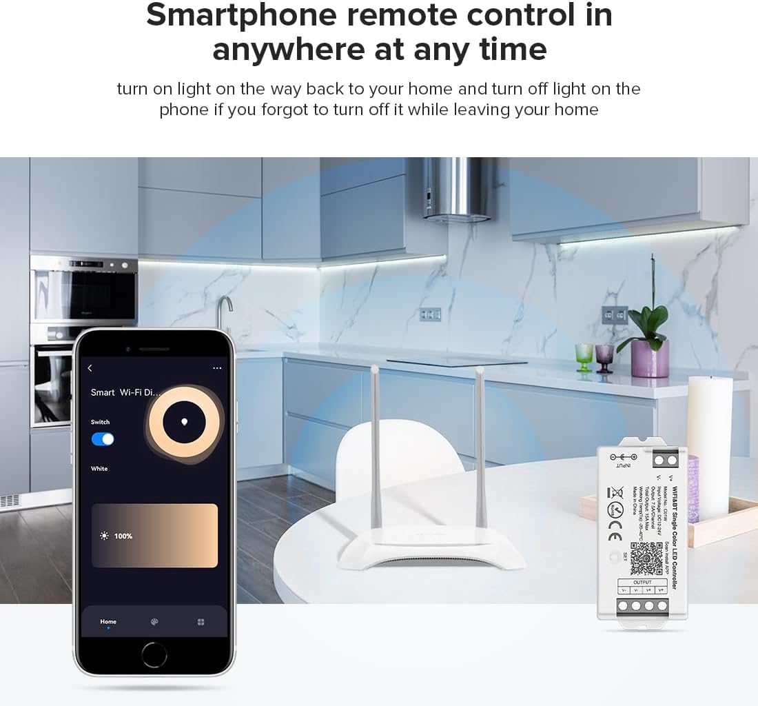 BTF-LIGHTING RF 2.4GHz Wireless Remote RC07RFB & C01W 2.4GHz Tuya WiFi Controller Kit Alexa Google Home APP Control Dimming for Single Color PWM 5050SMD FCOB (+V -V) 2PIN LED Strip DC12V DC24V