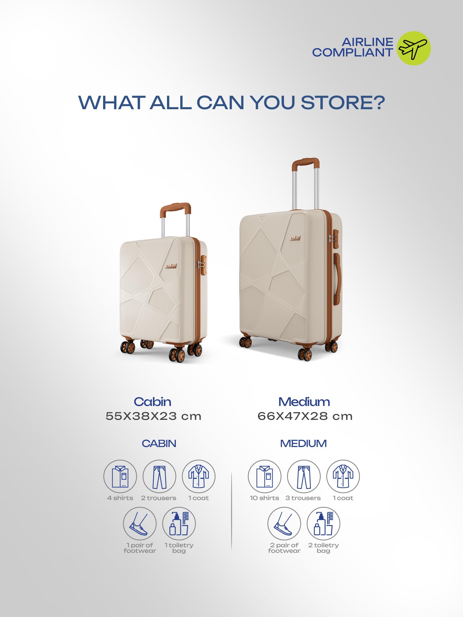 Safari Pentagon Pro 8 Wheels Set of 2, (Cabin + Medium) Trolley Bag, Hard Case Polypropylene, 360º Wheeling Luggage, Suitcase for Travel, Trolley Bags for Travel, Luxury Beige — Amazon image 6