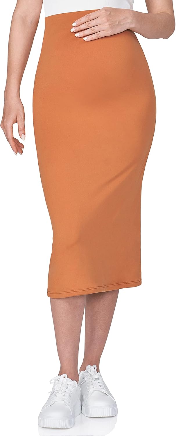 POSHDIVAH Women's Maternity Skirt Over The Belly Midi High Waisted Solid Stretchy Pregnancy Pencil Skirt - Image 4