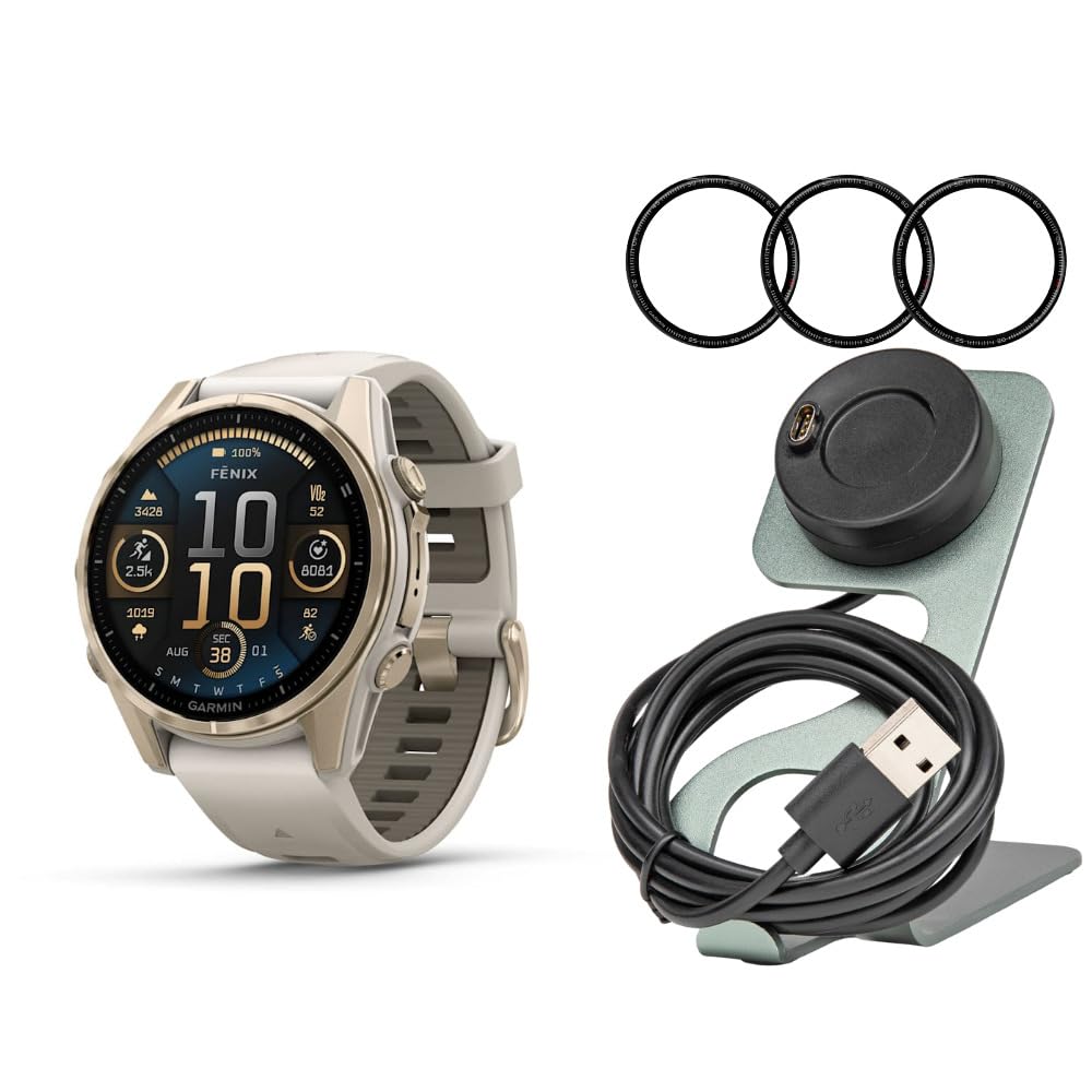 Garmin Fenix 8 AMOLED 43mm GPS Smartwatch Soft Gold and Fog Gray-Dark Sandstone Bundle with Portable Charger Stand