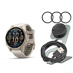 Garmin Fenix 8 AMOLED 43mm GPS Smartwatch Soft Gold and Fog Gray-Dark Sandstone Bundle with Portable Charger Stand