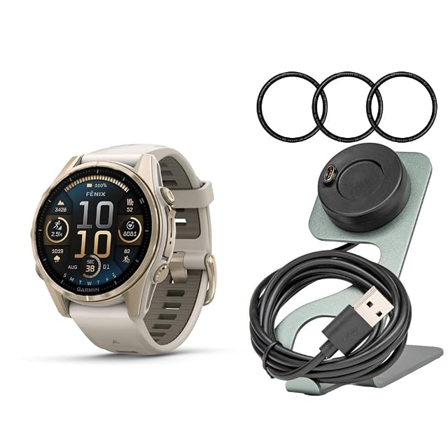 Garmin Fenix 8 AMOLED 43mm GPS Smartwatch Soft Gold and Fog Gray-Dark Sandstone Bundle with Portable Charger Stand