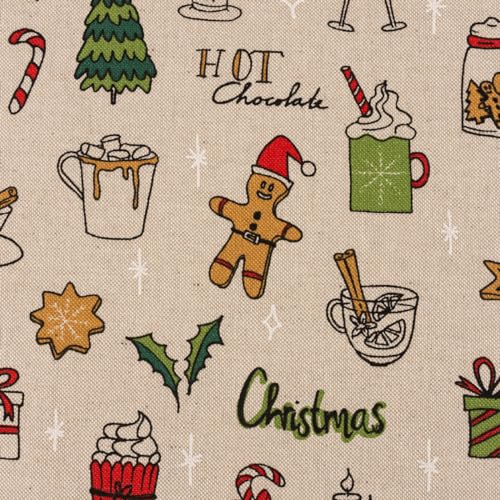 Chemin de table de Noël lavable Doodle naturel pour éviter les taches