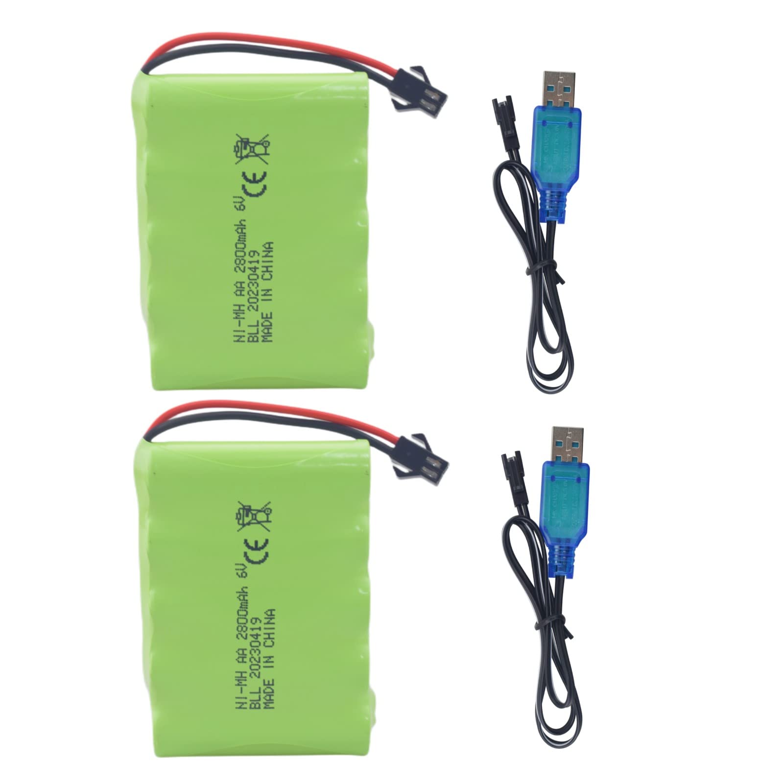 2PCS 6.0V 2800mah AA Battery with SM-2P Plug with USB Charging Cable for TB141 TB142 DE37 RC Toy Car Excavator Car Truck Construction Vehicle Battery