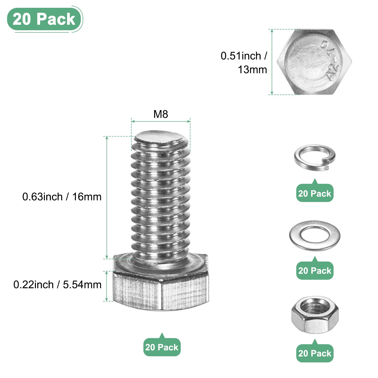 M METERXITY 20-Pack Hex Head Screw Bolt with Nuts Flat & Lock Washers M8x16mm Stainless Steel Bolts and Nuts Kit Fully Threaded Metric Bolt Assortment for Equipment/Machinery - Image 3