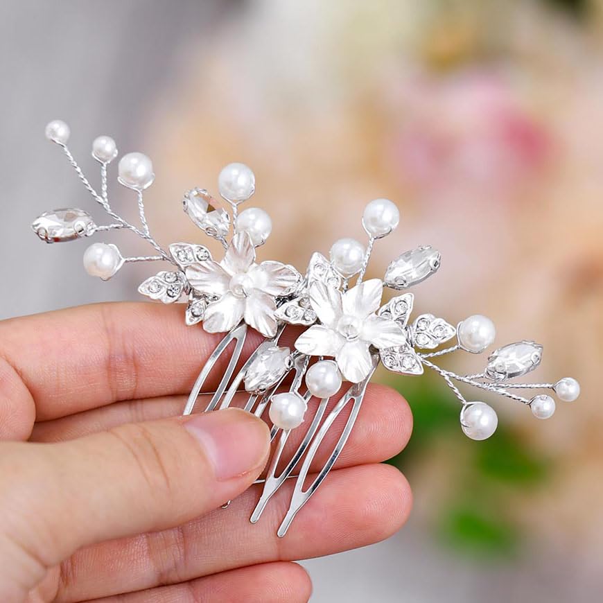 Unsutuo Bridal Flower Hair Comb Crystal Pearl Headpieces Silver Rhinestone Hair Accessories for Women and Girls - Image 6