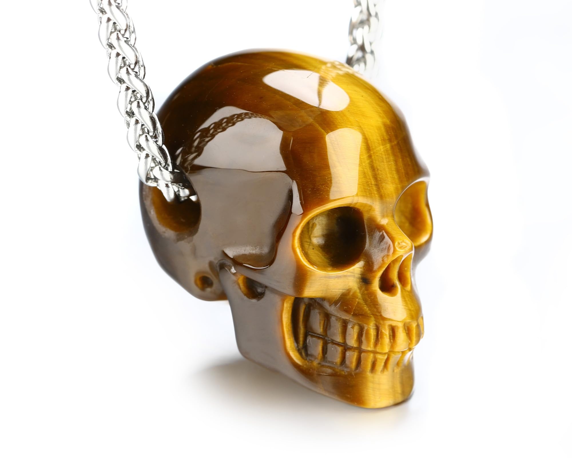Skullis Necklace of Quartz/Black Obsidian Hand Carved Gem Crystal Skull Pendant for Men Women, Handmade One of A Kind Gift, Crystal Healing Skull Jewelry On The Go.: Gold Tiger's Eye