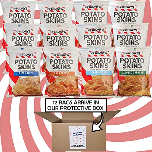 Tgi Fridays Potato Skins 12 Bag Bulk Variety Pack - Bacon Ranch, Chili Cheese, Loaded Potato, Jalapeno Cheddar - Parties, Work And School Lunch, Travel Snack - In Cornershop Confections Protective Box #TOP1
