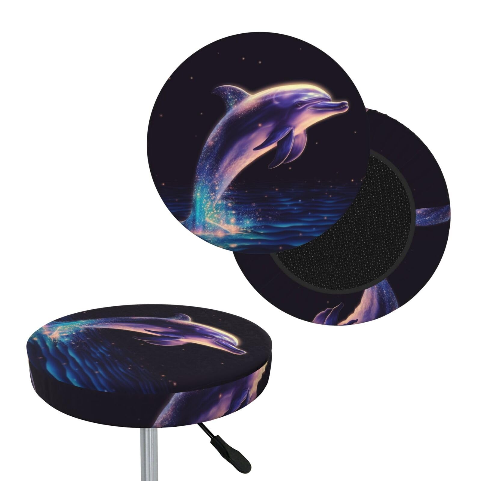 FodPand Glitter Dolphin Bar Stool Cover Round Elastic Stool Cushion Covers Washable Bar Stool Chair Slipcover Stretch Stool Seat Covers for 12-14 Inch Chair