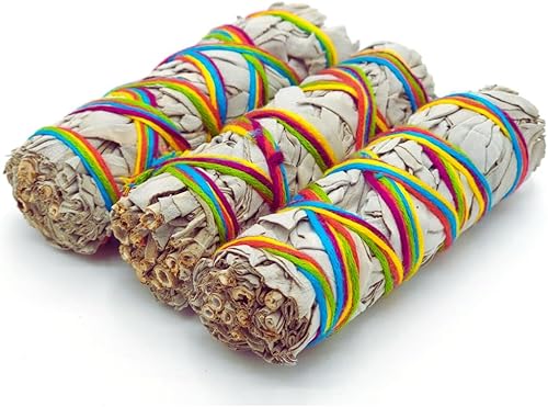 Paquete de 3 hilos prémium de 7 chakras, paquete de salvia blanca (4 pulgadas), atado a mano, mejora la potencia de limpieza y meditación del hogar,
