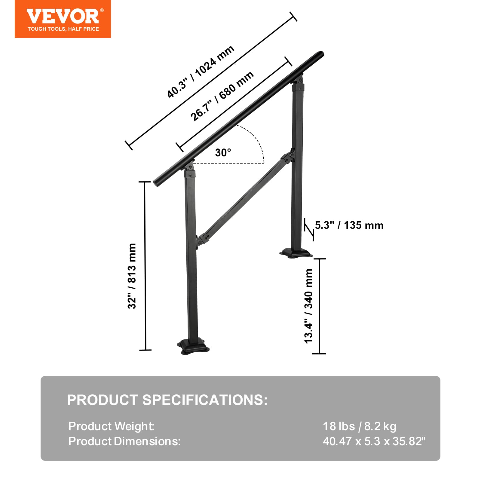 VEVOR Rampa Scala 914,4 mm Ringhiera Scala per 3 gradini a mano in acciaio al carbonio regolabile 50° carico 300 kg con kit di installazione per pavimenti in cemento legno piastrelle in ceramica