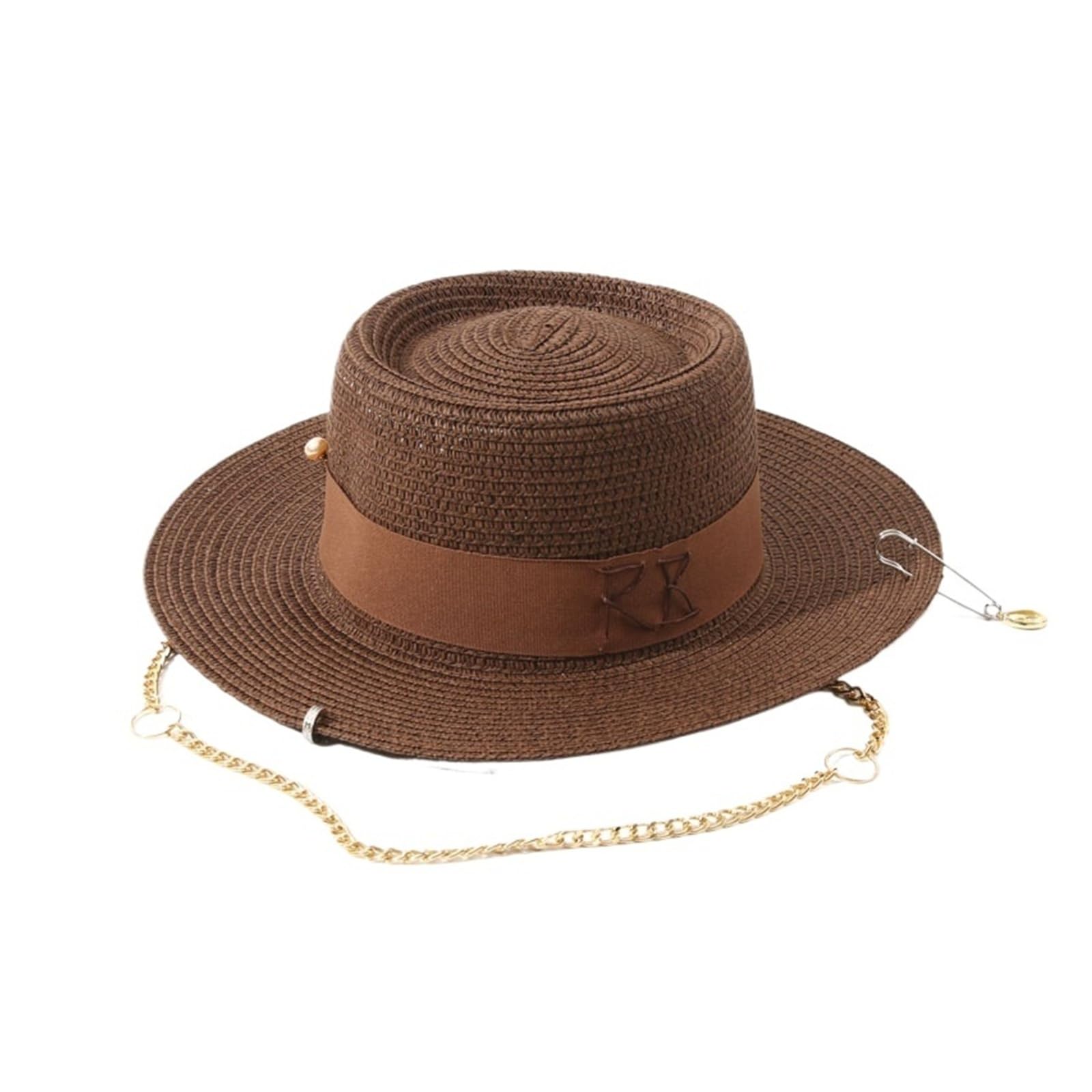 Generico Cappello di Paglia con monogramma RB, Parte Superiore concava e Spilla a Catena, Cappello da Sole Estivo per Spiaggia e Ombra all'aperto