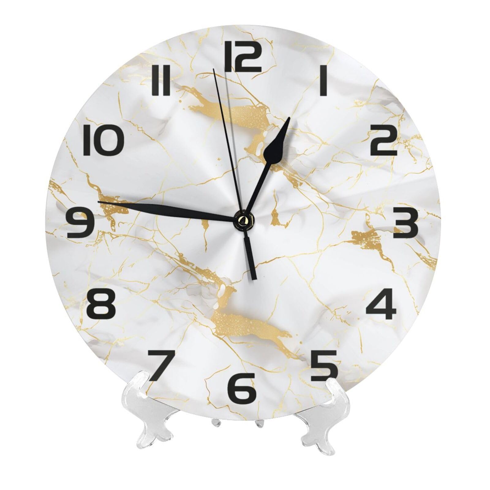 Mexpekil Lautlose Wanduhr aus weißem Gold, Marmor, nicht tickend, 25 cm, runde Wanduhren, batteriebetrieben, moderne dekorative Uhr für Wohnzimmer, Küche, Schlafzimmer, Büro