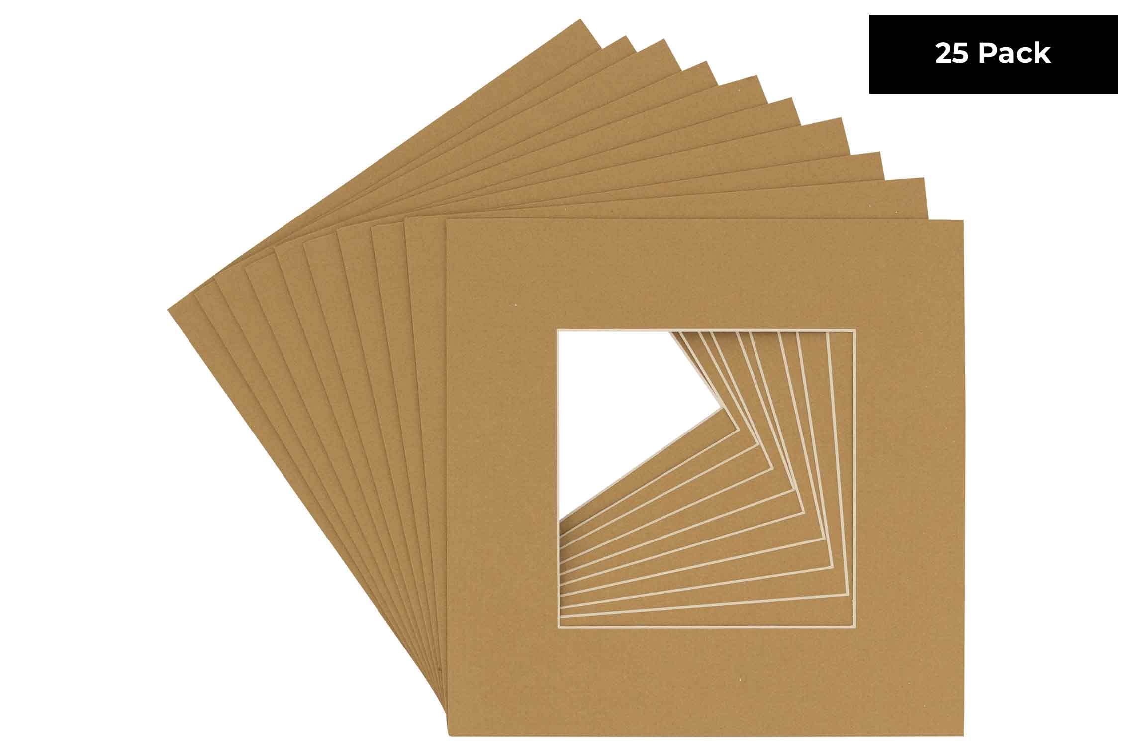 Rattan Beige Acid Free 10x10 Square Picture Frame Mat with White Core Bevel Cut for 6x6 Pictures - Fits 10x10 Frame - Pack of 25 Matboard Show Kits With Acid Free Backings & Clear Bags