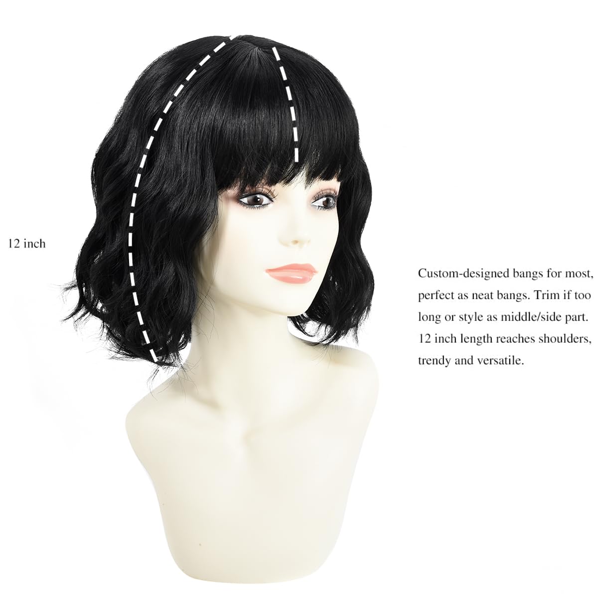 BUYOGET Wavy Bob Wig with Bangs Synthetic Hair Shoulder Length 12 Inch Short Curly Wigs for Women Natural Black - Image 3