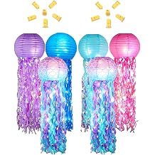 6PCS Mermaid Jellyfish Paper Lanterns with 12 PCS LED Lights Decorative Hanging Electric Paper Lanterns 10inch Colorful for for Ocean Birthday, Baby Shower, Beach Theme Party Supplies