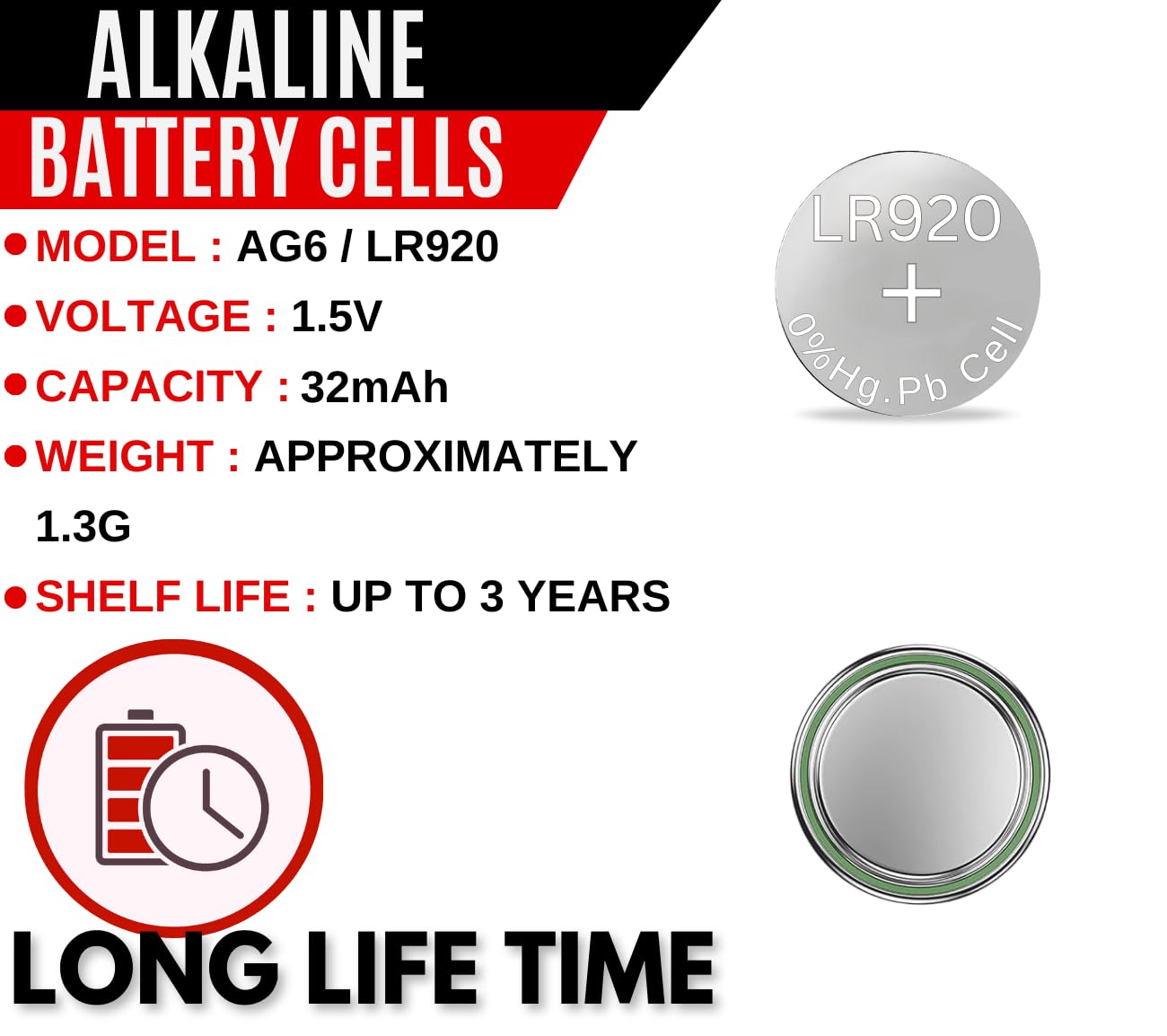 Pack of 10 - LR920/AG6 Eunicell 1.5V Button Coin Cell Alkaline Batteries - Suitable for use in LED lights, Digital Voice Recorders, Toys, Blood Glucose, Cholesterol Testing, Meters, Toys - 3