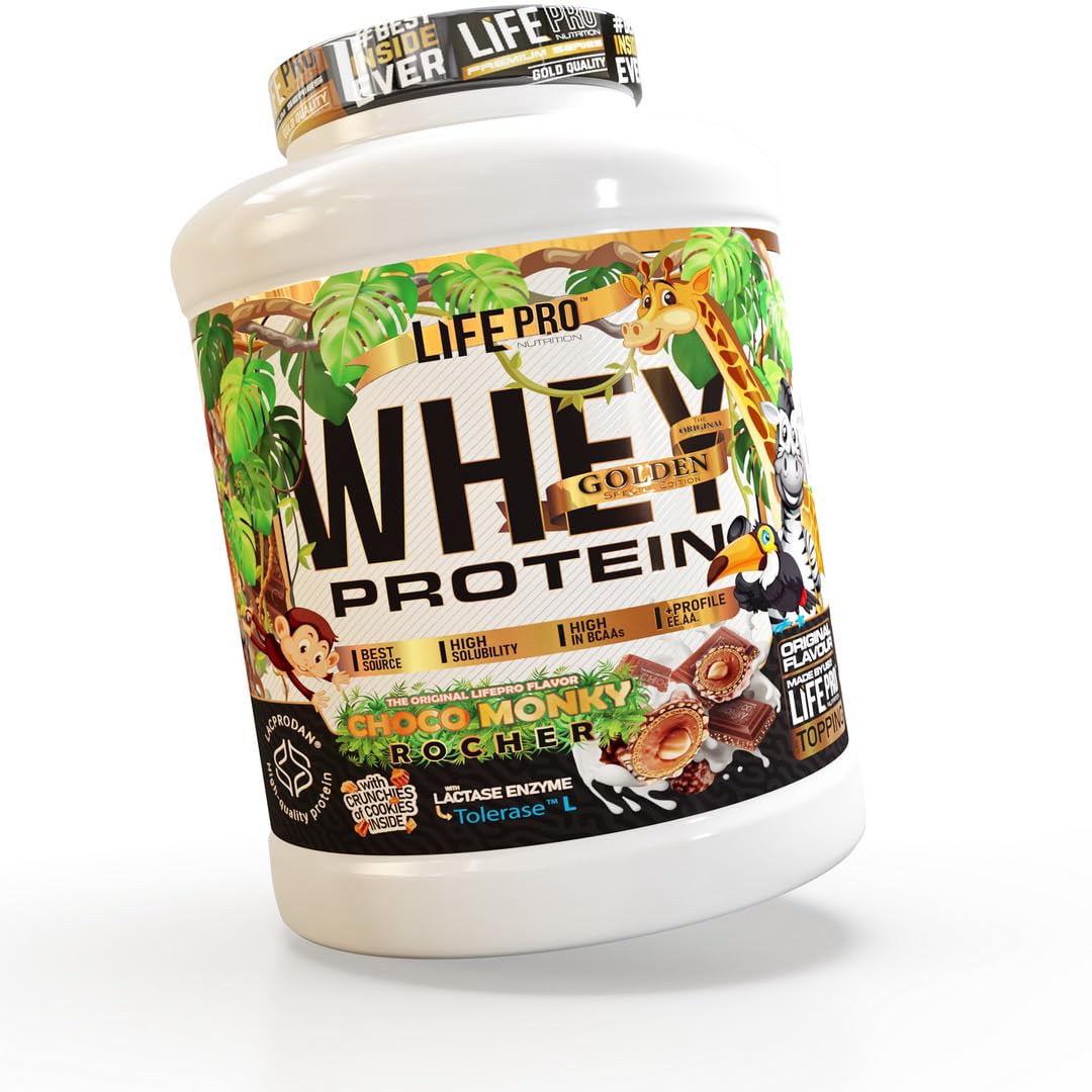 Life Pro Whey Gourmet Edition 2kg | Alimento deportivo de Concentrado de Suero de Leche | Enriquecido con Tolerase para una digestión más suave | Sabores exclusivos (CHOCO MONKY ROCHER)
